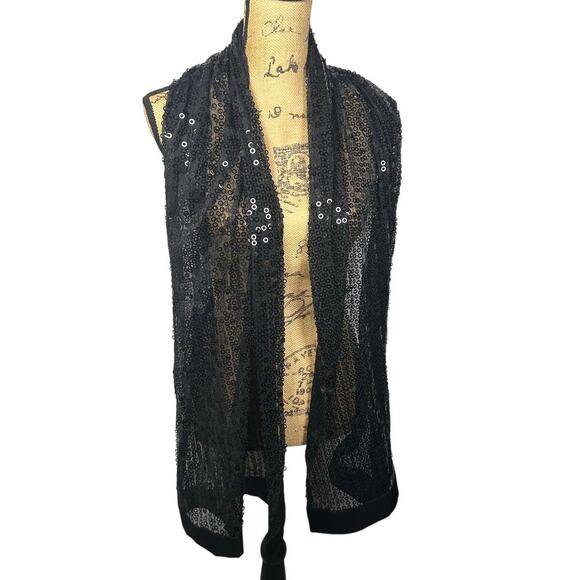 Black Mesh Sequin Satin Trim Scarf Shawl Women's OS - Picture 1 of 7